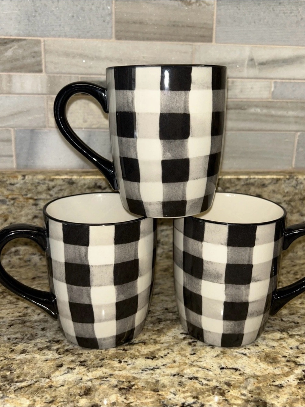 3 Robert Stanley Lot Black White Gray Plaid 16 oz Coffee Tea Mug Ceramic